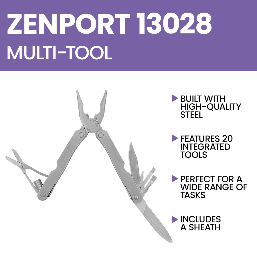 Zenport 13028 Multiherramienta de 20 funciones con estuche, color plateado