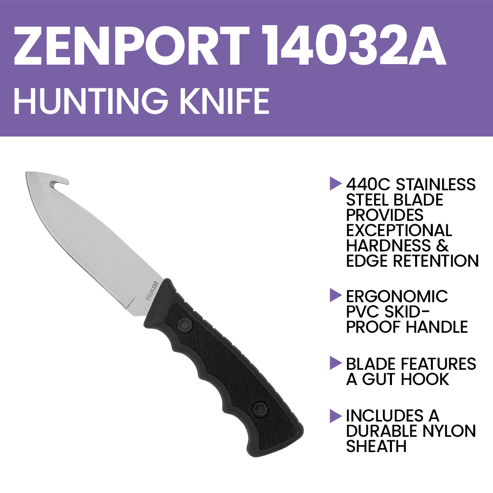 Cuchillo de caza Zenport 14032A con funda - Hoja de acero inoxidable de 23 cm y 10,8 cm, color negro