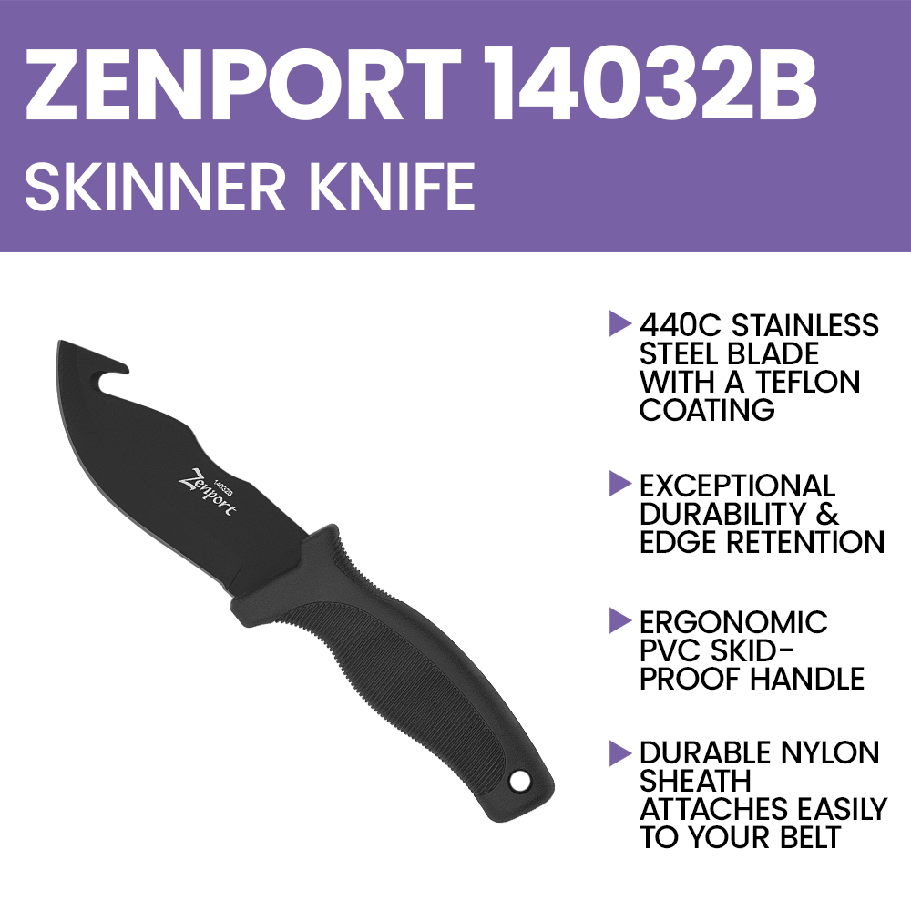Zenport 14032B Skinner Knife with Sheath - 9-Inch, 4.2 Inch Stainless Steel Blade, Black