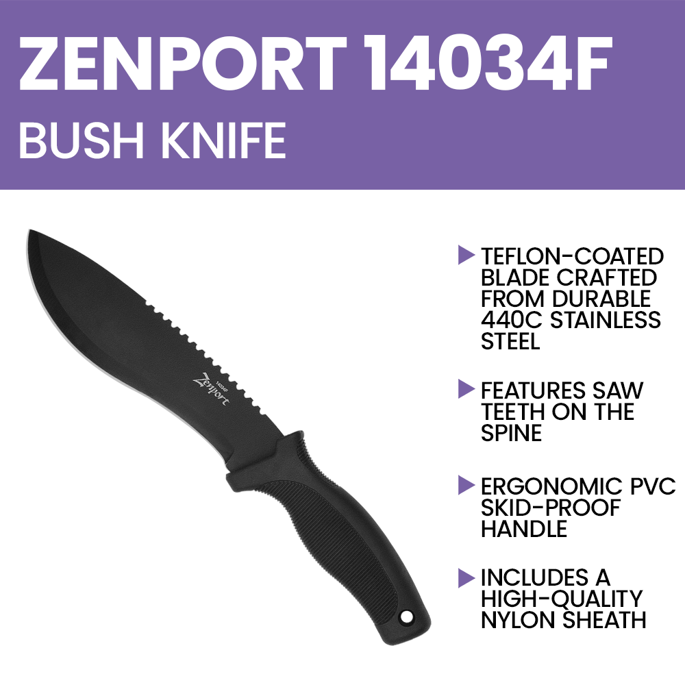 Zenport 14034F Bush Knife, 11-Inch with Nylon Sheath, 6.5 Inch Stainless Steel Blade, Black