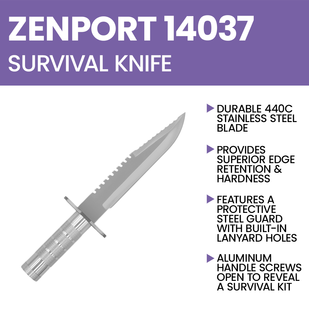 Cuchillo de supervivencia Zenport 14037 con mango, almacenamiento y accesorios, hoja de acero inoxidable de 7,6 pulgadas, color plateado