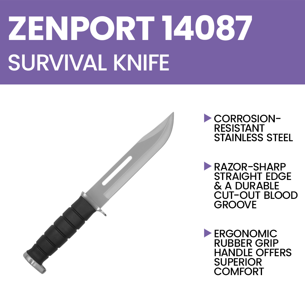 Zenport 14087 Survival/Hunting Bowie Knife with Sheath, 7 Inch Stainless Steel Blade, Black