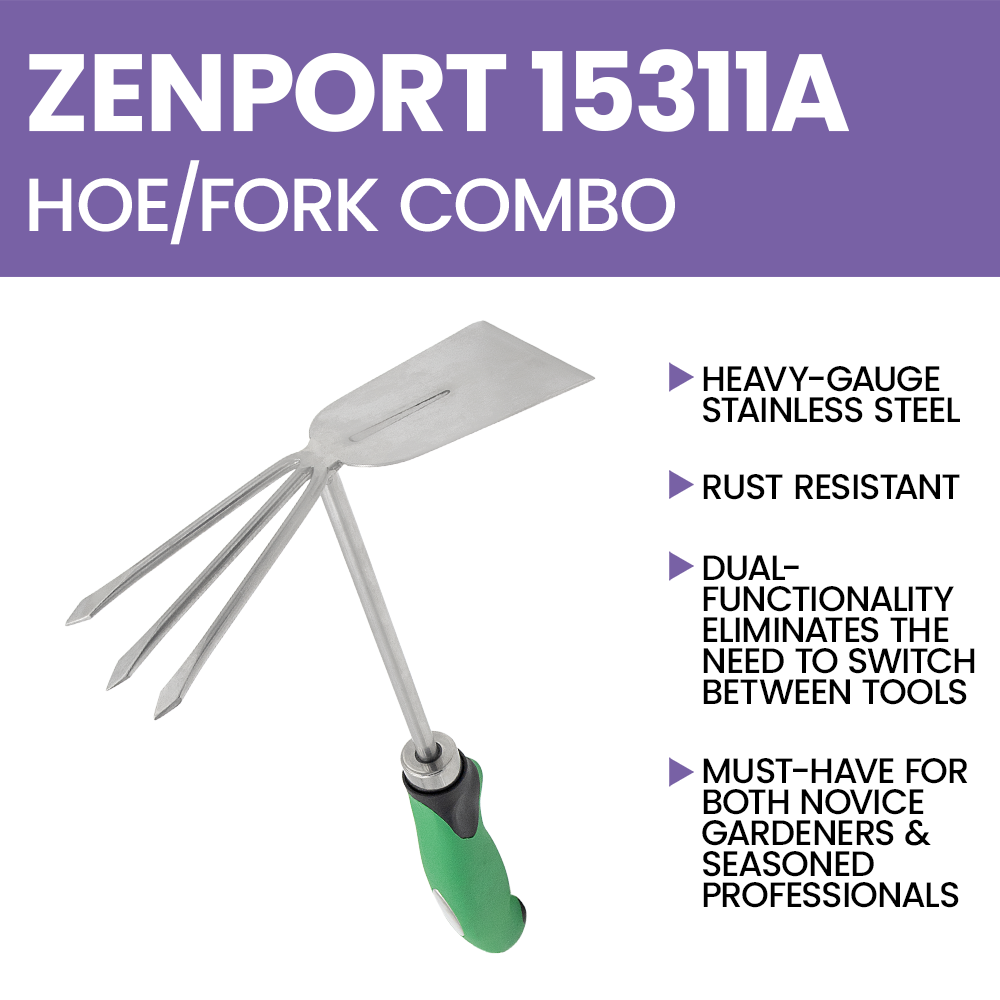 Zenport 15311A Shrub Rake Hoe Fork Combo, 12-Inch, Green