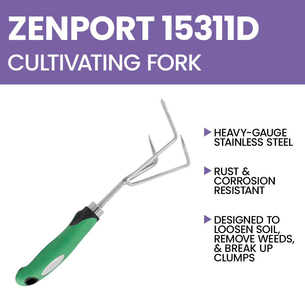 Zenport 15311D 3-Prong Cultivating Fork, 12-Inch, Green