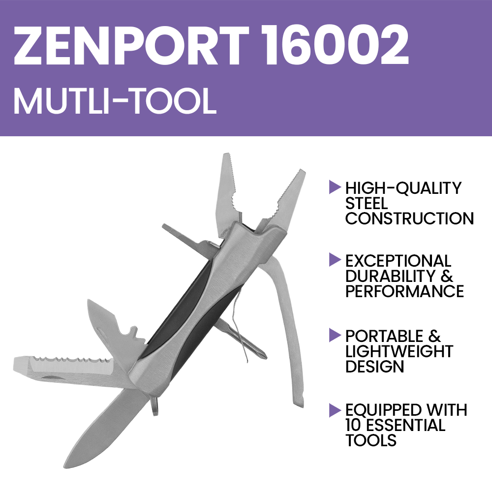 Zenport 16002 10-in-1 Multi-Function Survival Tool w/ Case, Silver