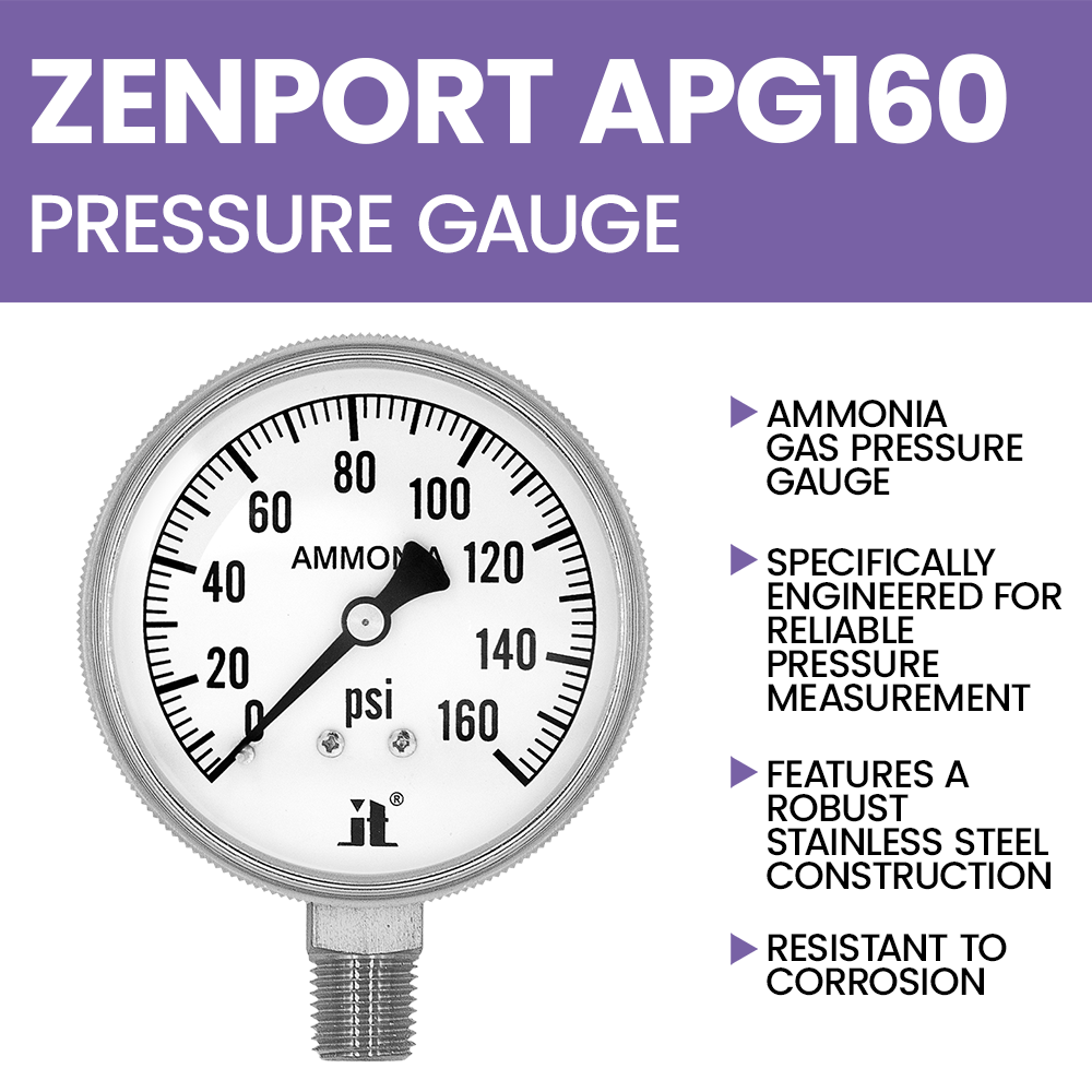 Zenport APG160 Ammonia Gas Pressure Gauge, 160 PSI, Silver