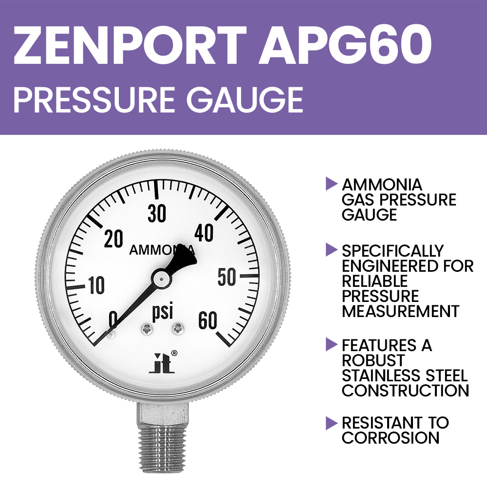 Zenport APG60 Ammonia Gas Pressure Gauge, 60 PSI, Silver