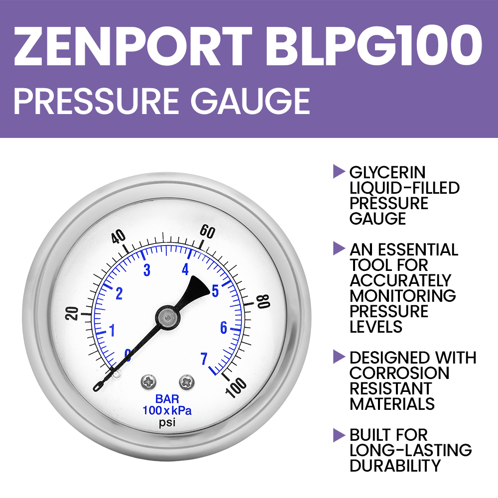 Manómetro Zenport BLPG100 con glicerina líquida, 0-100 PSI, plateado