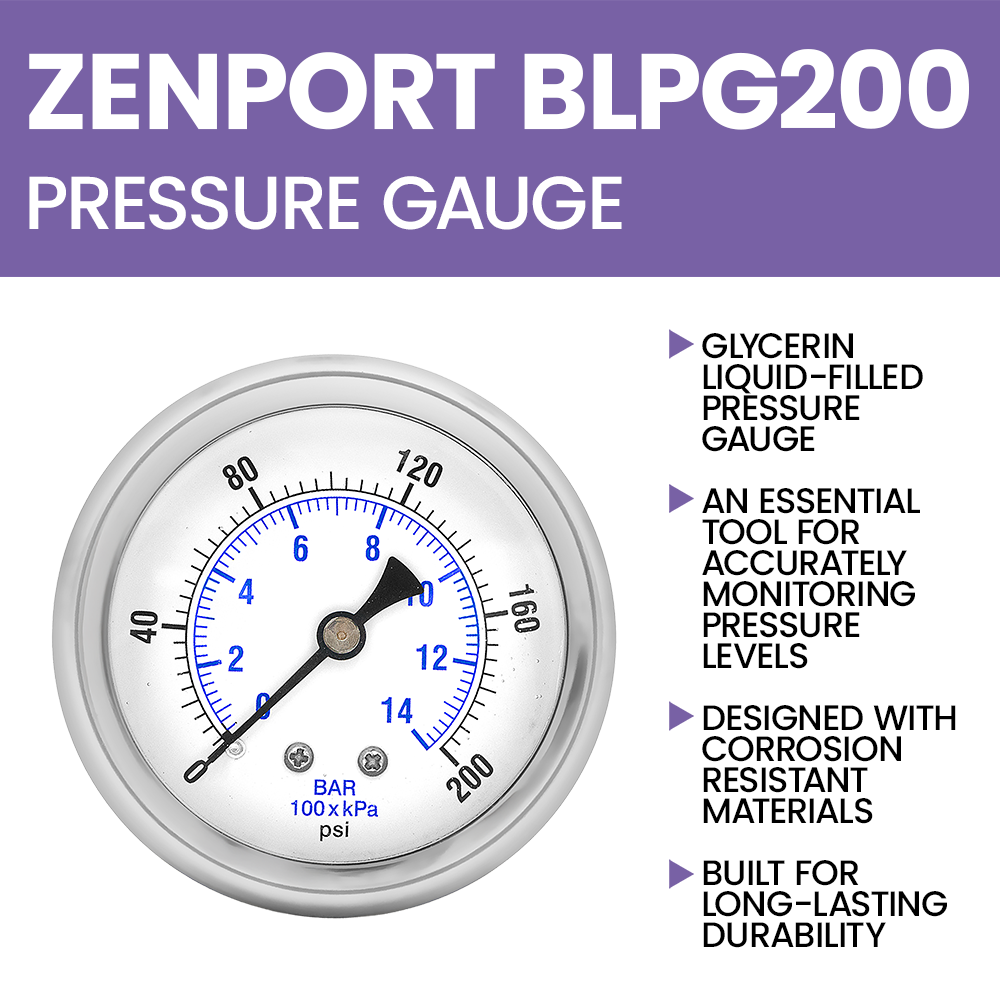 Zenport BLPG200 Glycerin Liquid Filled Pressure Gauge, 0-200 PSI, Silver