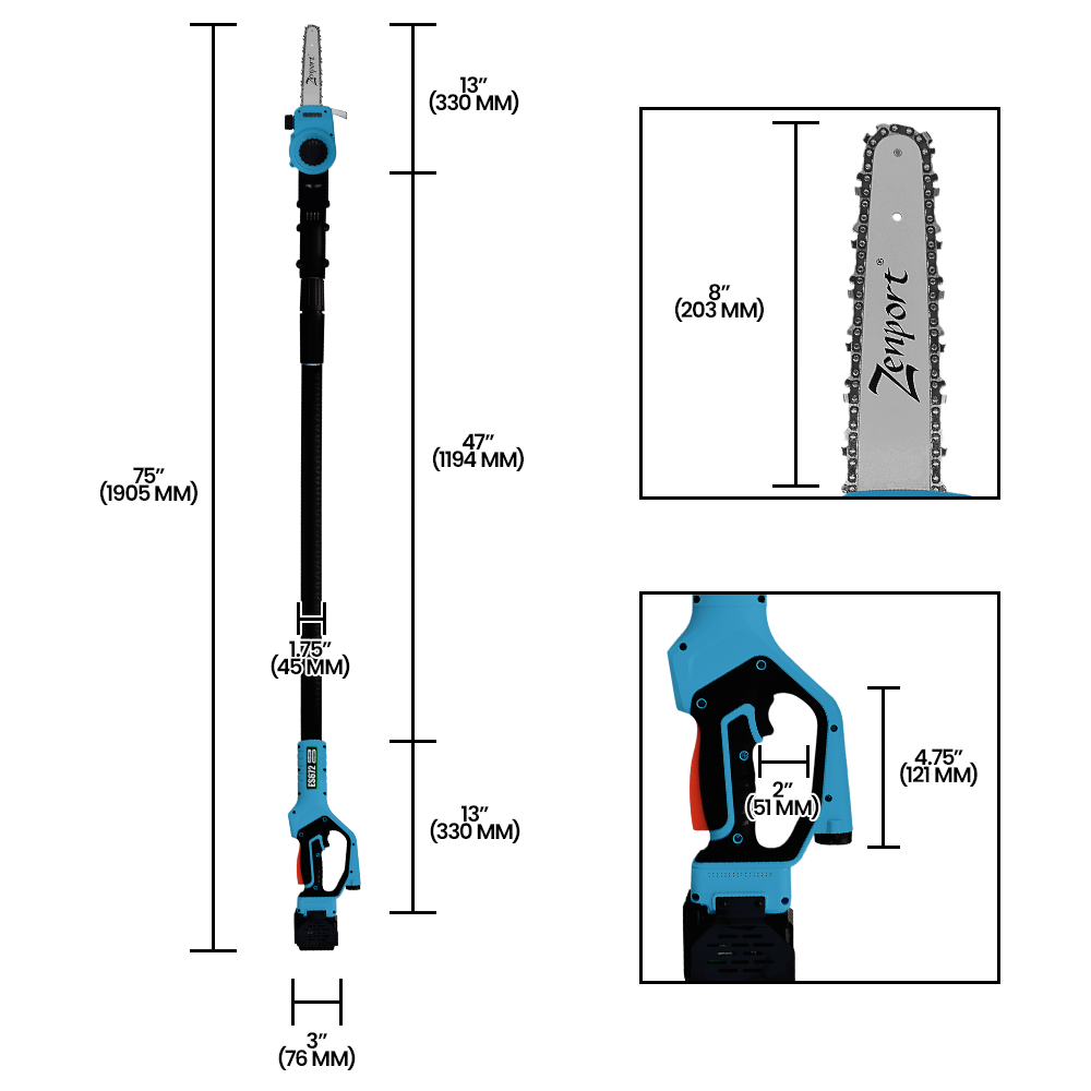 Zenport ES672 Cordless, Battery Powered Pole Chain Saw, 2.5 Meter Length