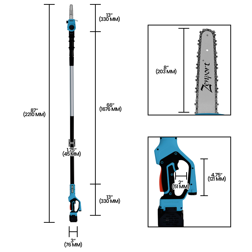 Zenport ES673 Cordless, Battery Powered Pole Chain Saw, 3.5 Meter Length