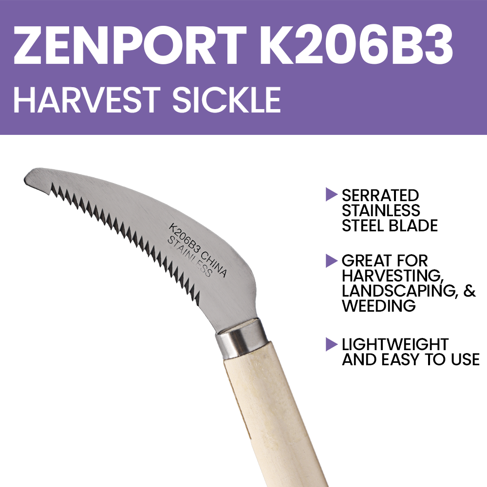 Zenport K206B3 Serrated Weeding Sickle, Wood Handle, 4.3 Inch Stainless Steel Blade, Beige
