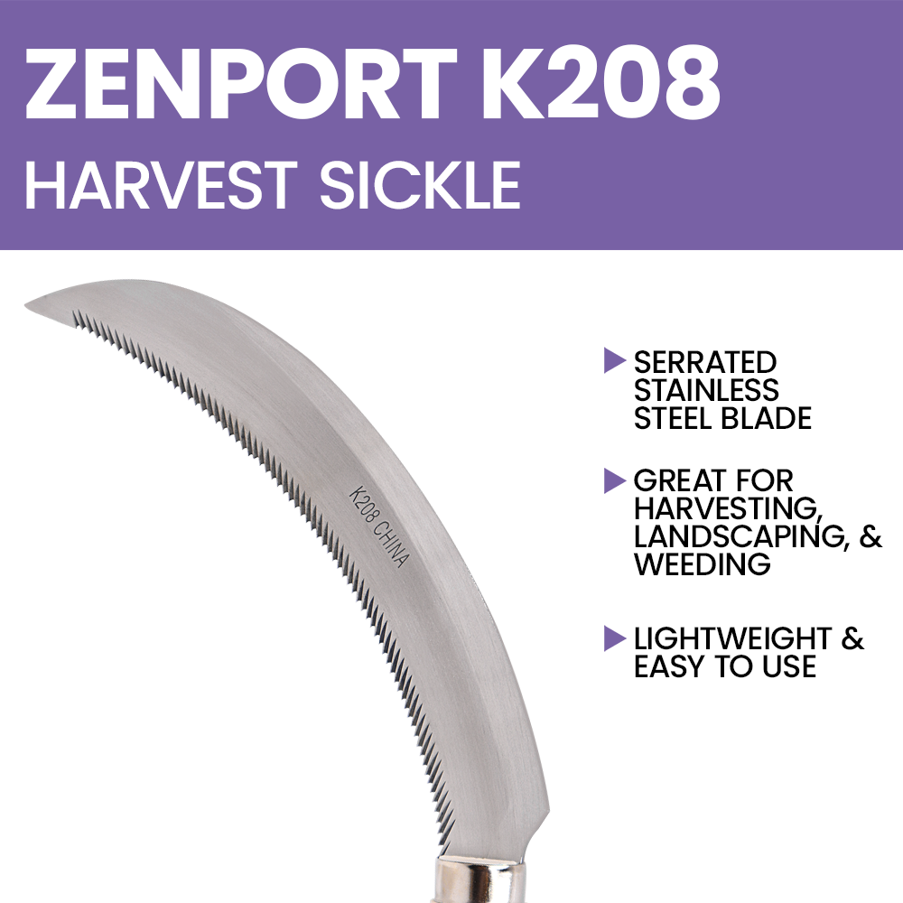 Zenport K208 Harvest Sickle with Wooden Handle, Light Serration, 6.5-Inch Stainless Steel Blade
