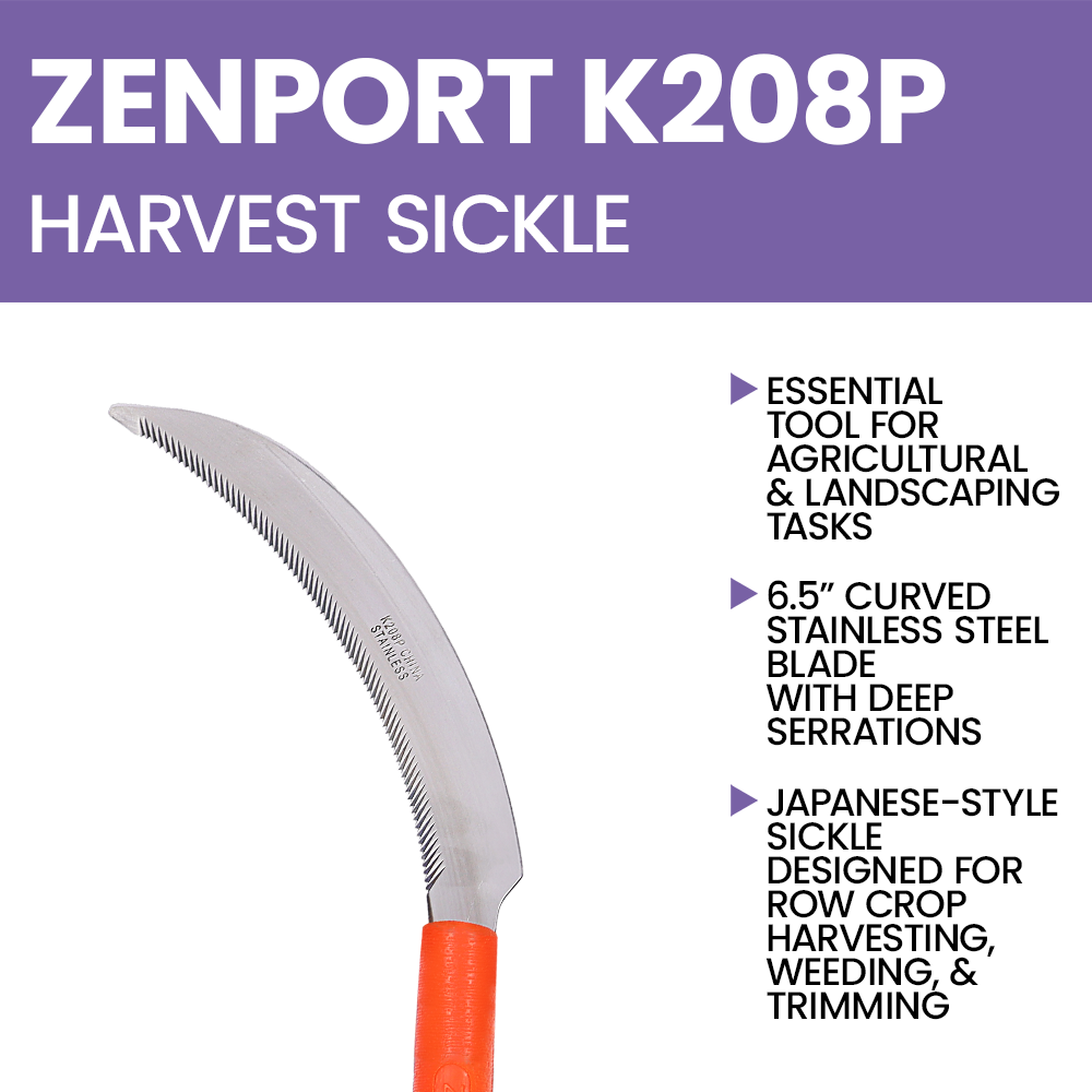 Zenport K208P Harvest Sickle with Plastic Handle, Light Serration, 6.5-Inch Stainless Steel Blade, Orange