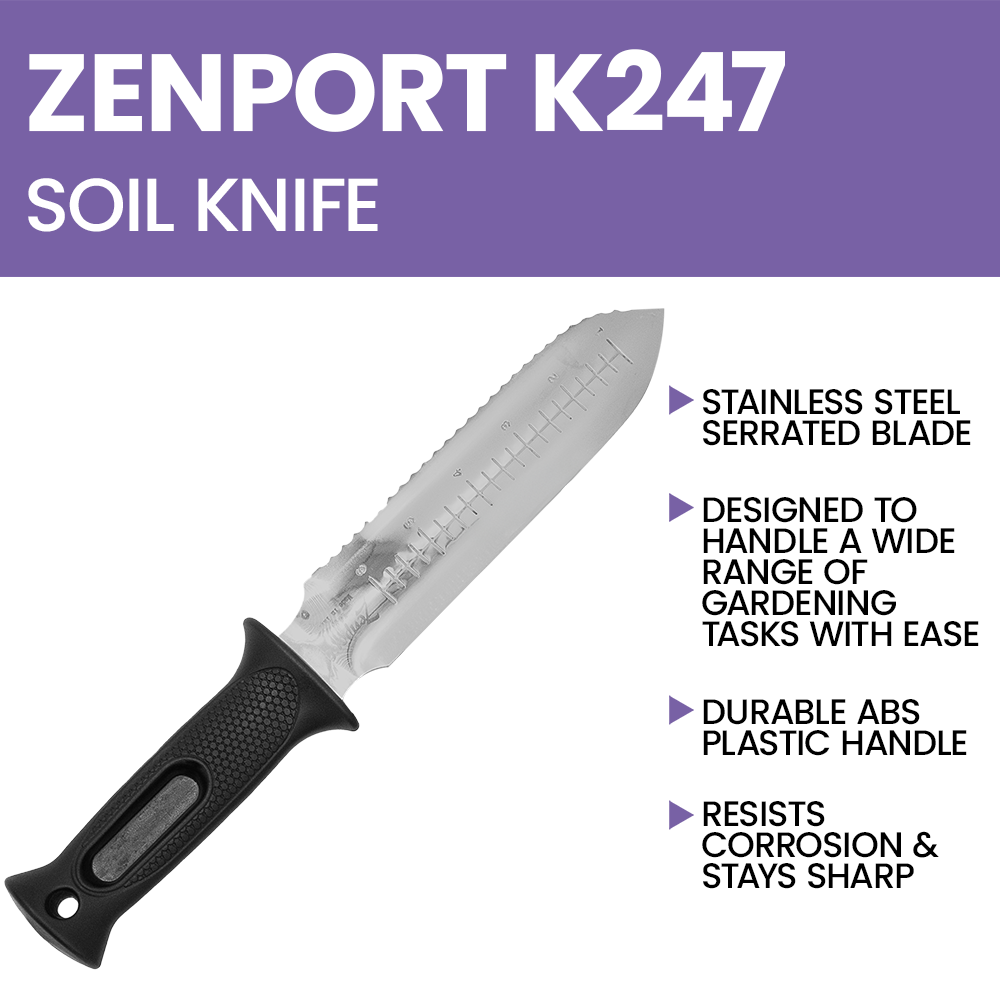 Zenport K247 ZenBori Soil Knife, Serrated, 6 Inch Stainless Steel Blades, Black