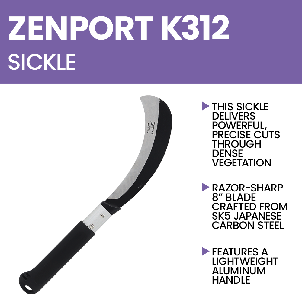 Hoz de cosecha Zenport K312, hoja de 8 pulgadas, hoja de acero al carbono de 8 pulgadas, negro/plateado