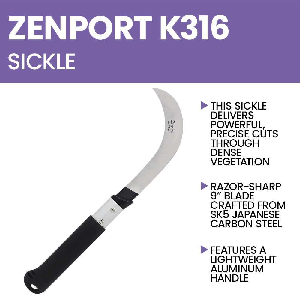 Zenport K316 Harvest Sickle, 9 Inch Carbon Steel Blade, Black