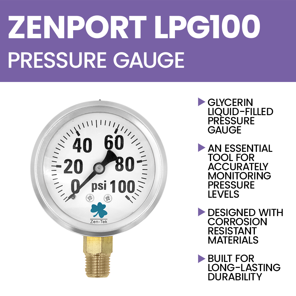 Zenport LPG100 Glycerin Liquid Filled Pressure Gauge, 100 PSI, Silver