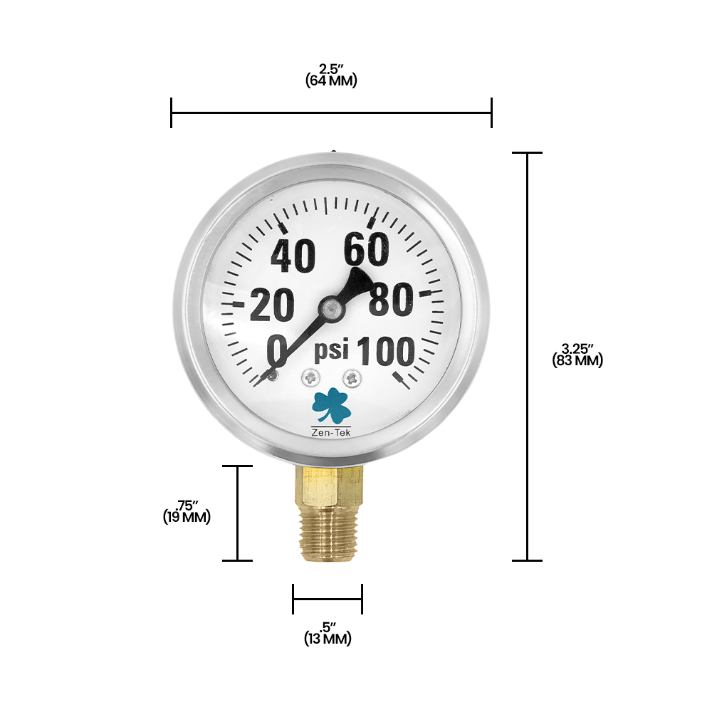 Zenport LPG100 Glycerin Liquid Filled Pressure Gauge, 100 PSI, Silver