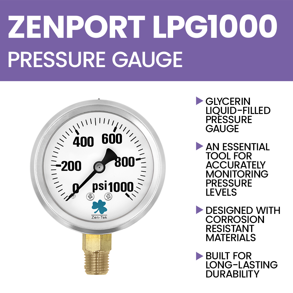 Zenport LPG1000 Glycerin Liquid Filled Pressure Gauge, 1000 PSI, Silver