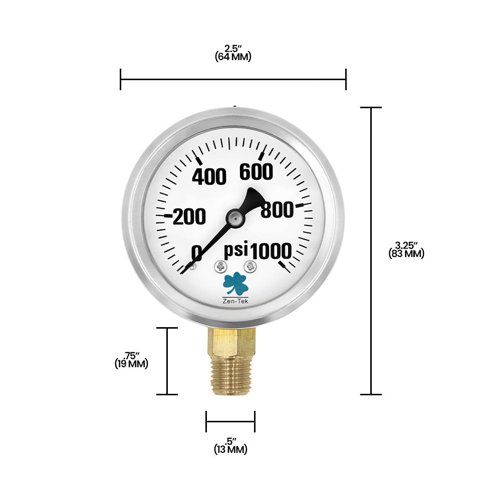 Zenport LPG1000 Glycerin Liquid Filled Pressure Gauge, 1000 PSI, Silver