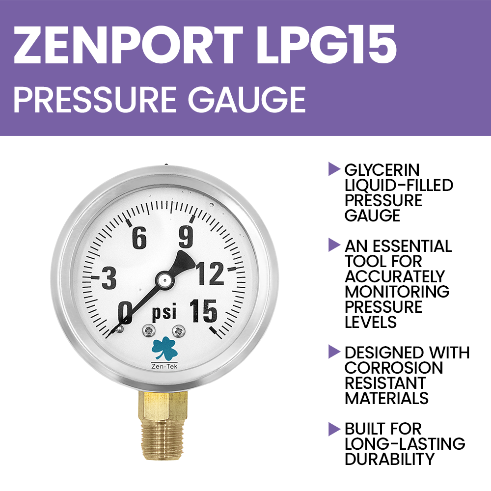 Zenport LPG15 Glycerin Liquid Filled Pressure Gauge, 15 PSI, Silver