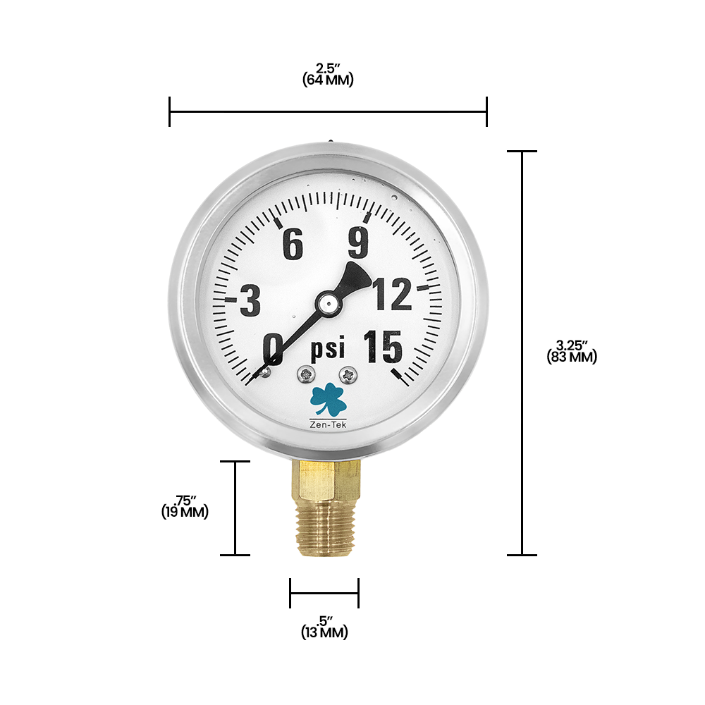 Zenport LPG15 Glycerin Liquid Filled Pressure Gauge, 15 PSI, Silver