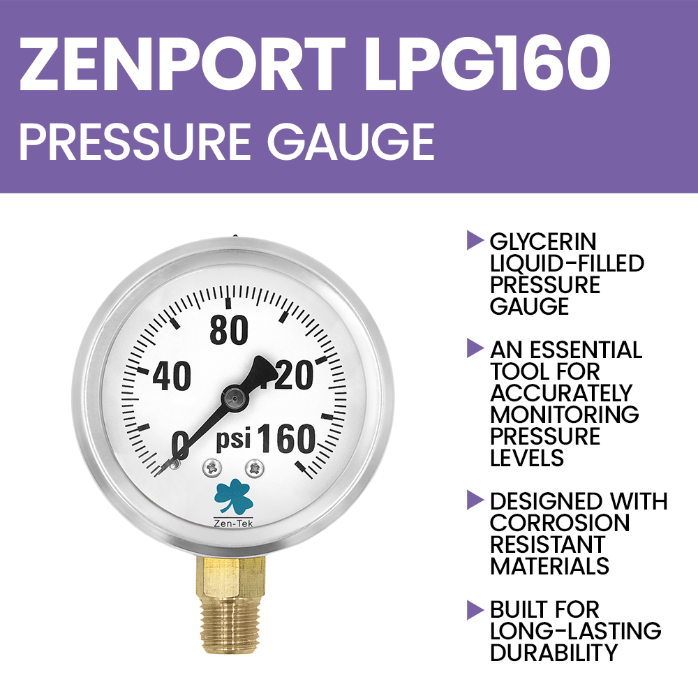 Zenport LPG160 Glycerin Liquid Filled Pressure Gauge, 160 PSI, Silver