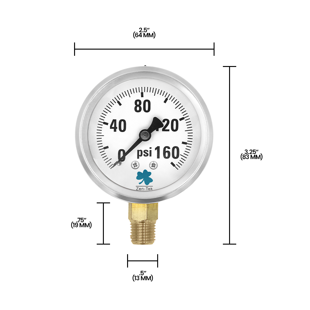 Zenport LPG160 Glycerin Liquid Filled Pressure Gauge, 160 PSI, Silver