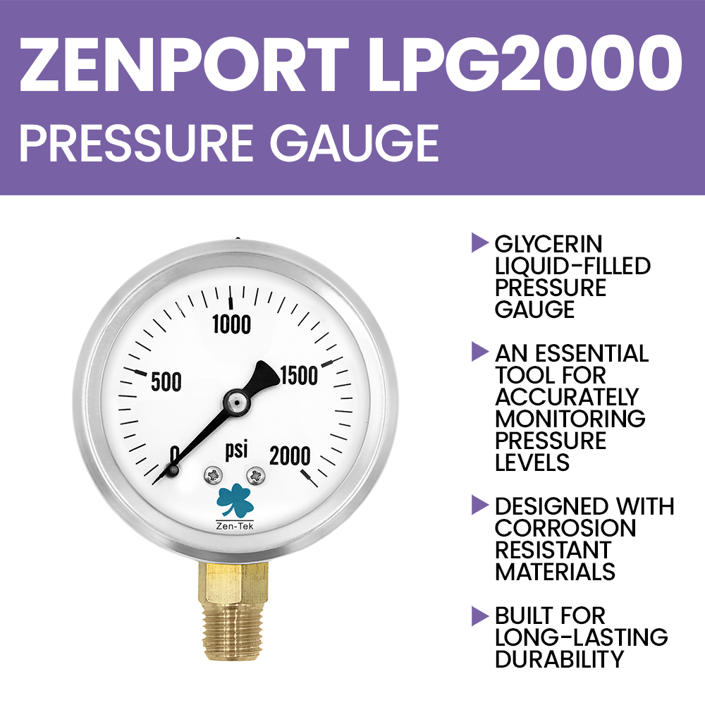 Zenport LPG2000 Glycerin Liquid Filled Pressure Gauge, 2000 PSI, Silver