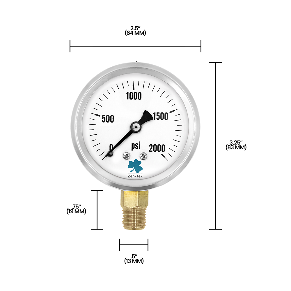 Zenport LPG2000 Glycerin Liquid Filled Pressure Gauge, 2000 PSI, Silver