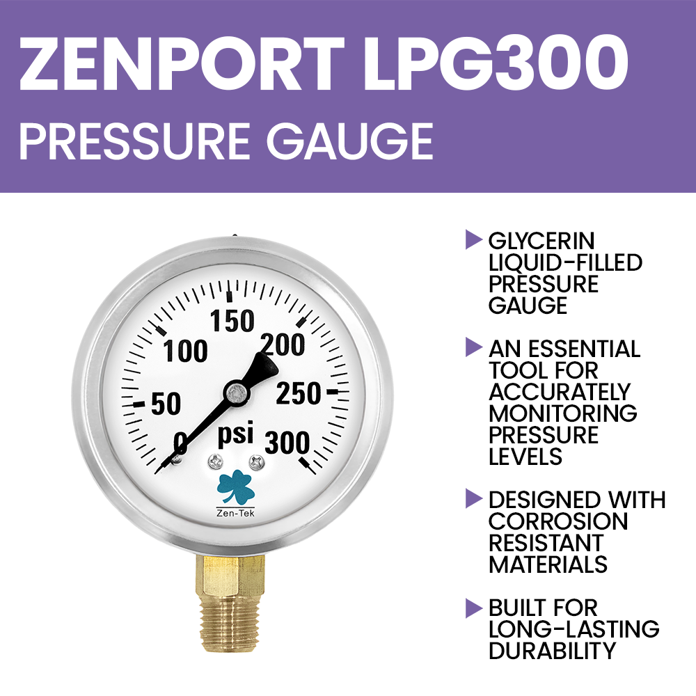 Zenport LPG300 Glycerin Liquid Filled Pressure Gauge, 300 PSI, Silver