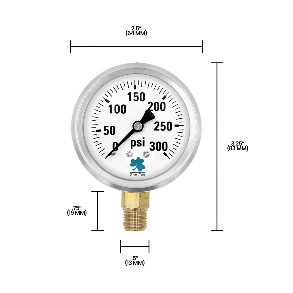 Zenport LPG300 Glycerin Liquid Filled Pressure Gauge, 300 PSI, Silver