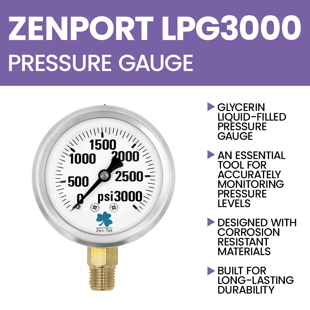 Zenport LPG3000 Glycerin Liquid Filled Pressure Gauge, 3000 PSI, Silver