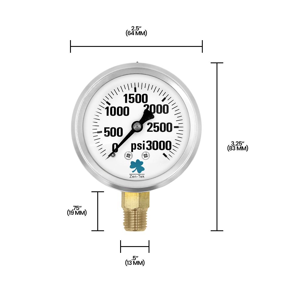 Zenport LPG3000 Glycerin Liquid Filled Pressure Gauge, 3000 PSI, Silver