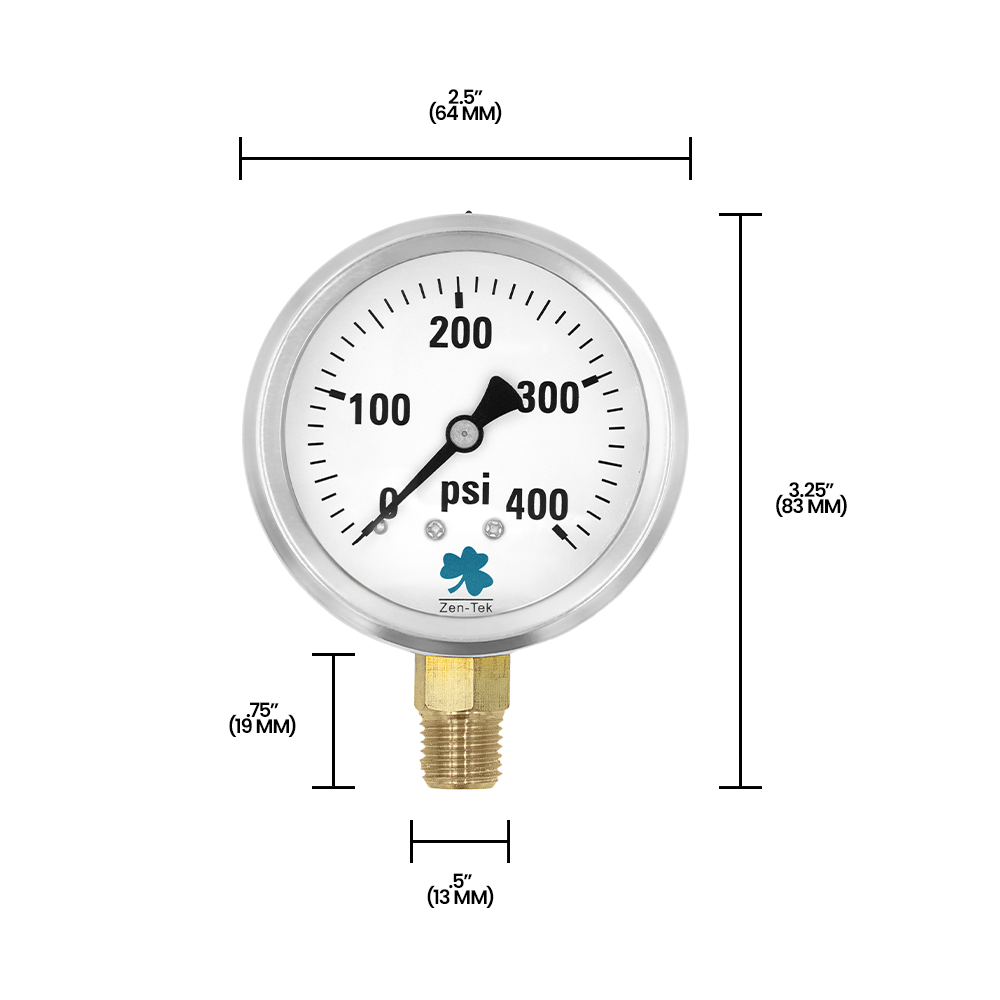 Zenport LPG400 Glycerin Liquid Filled Pressure Gauge, 400 PSI, Silver