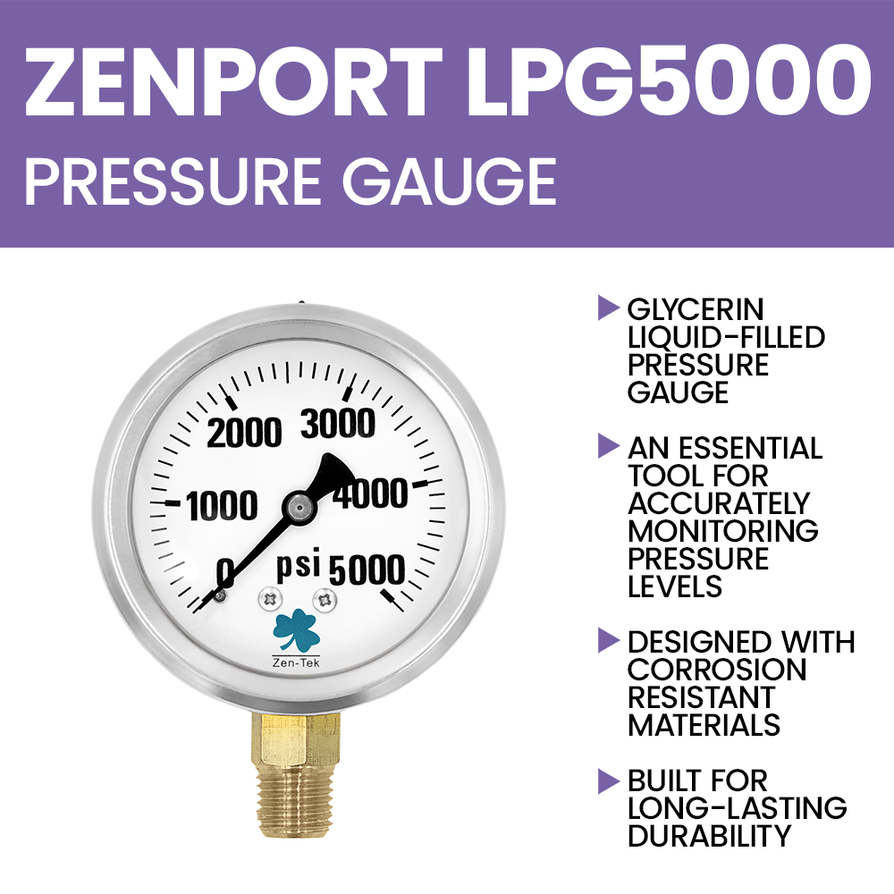 Zenport LPG5000 Glycerin Liquid Filled Pressure Gauge, 5000 PSI