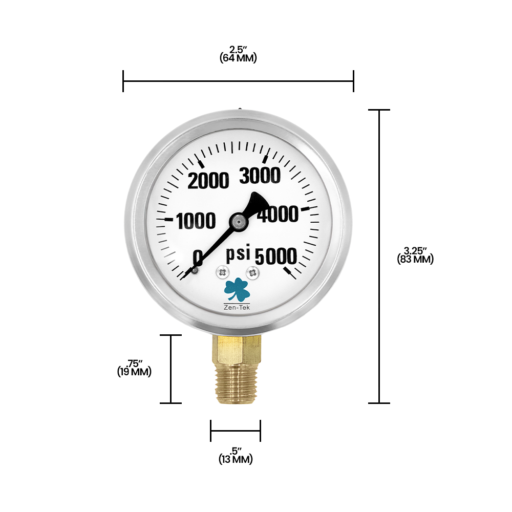 Zenport LPG5000 Glycerin Liquid Filled Pressure Gauge, 5000 PSI