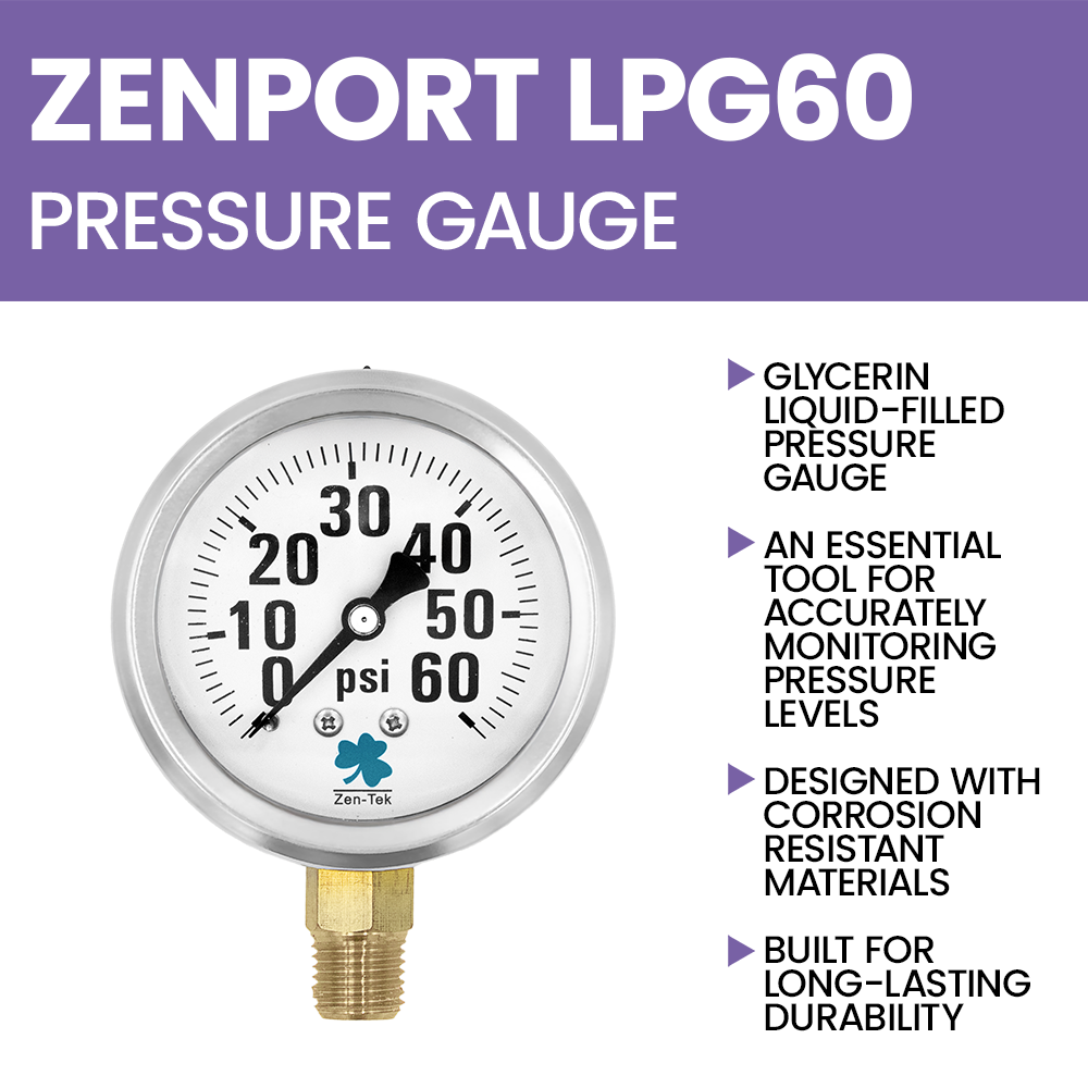 Zenport LPG60 Glycerin Liquid Filled Pressure Gauge, 60 PSI