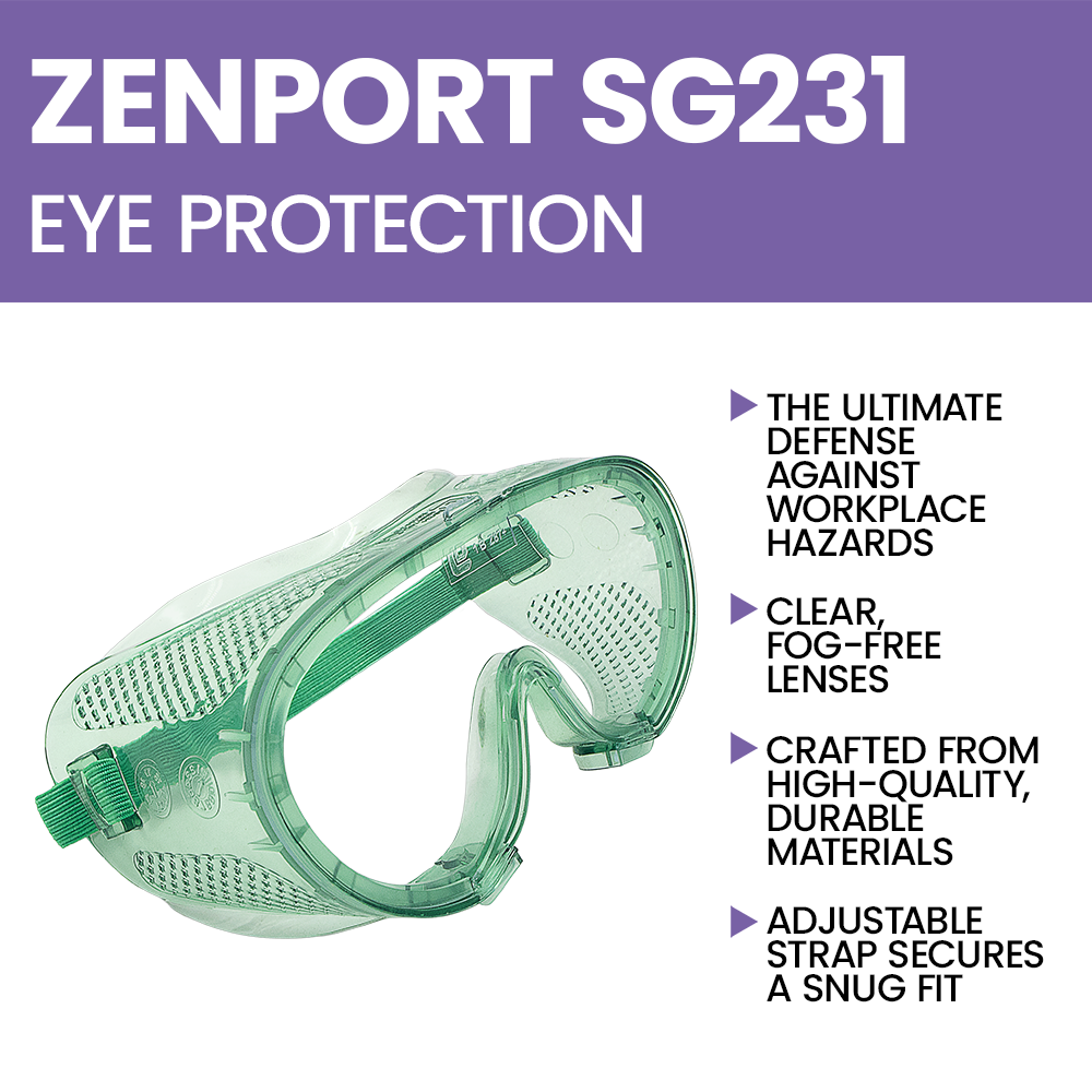 Gafas protectoras contra salpicaduras químicas Zenport SG231 con lente antivaho transparente y borde reforzado