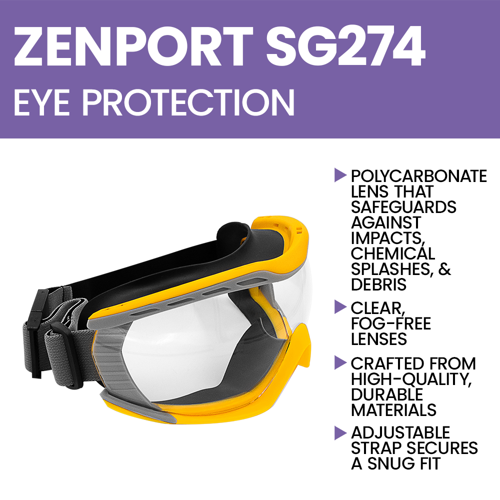 Zenport SG274 Safety Goggles Clear Lens, Flex Seal, Yellow, Yellow