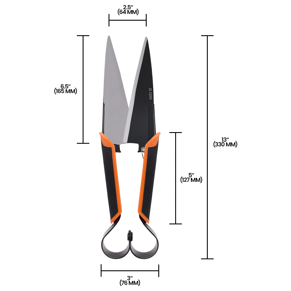 Tijeras para cebolla y ovejas Zenport ZL122G con empuñadura acolchada, hojas de acero al carbono de 13 y 6,5 pulgadas, color negro/naranja
