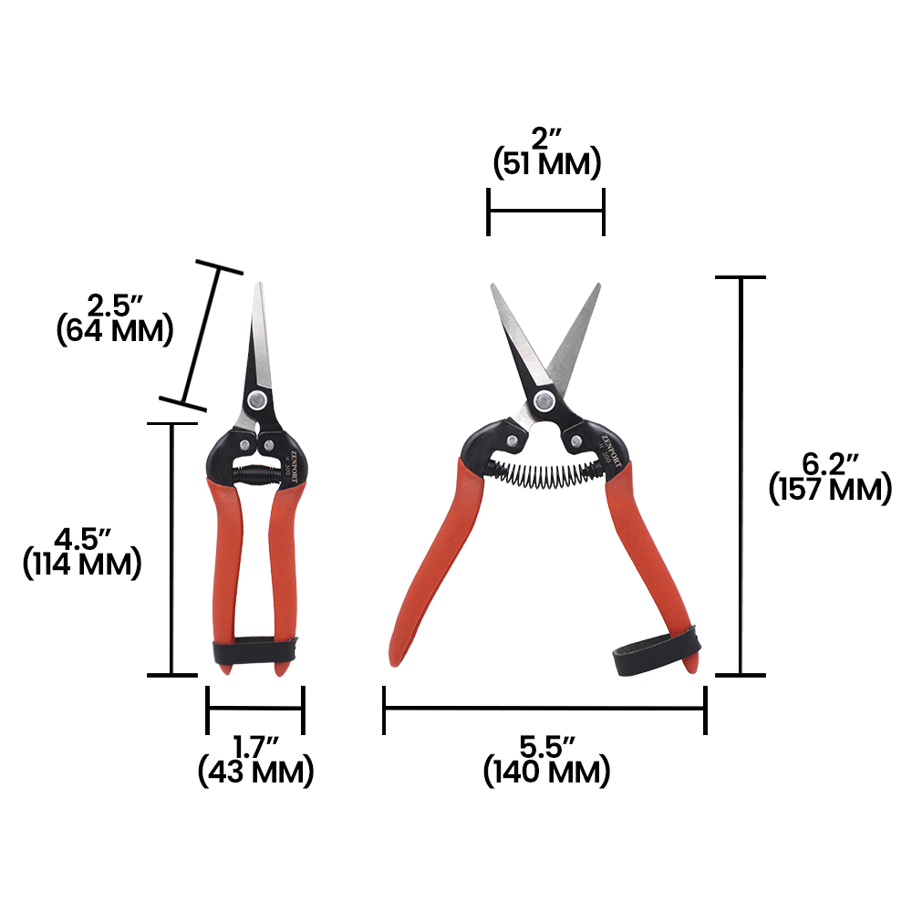Tijera de cosecha Zenport H300, hoja larga y recta, hojas de acero al carbono de 2 pulgadas, color rojo