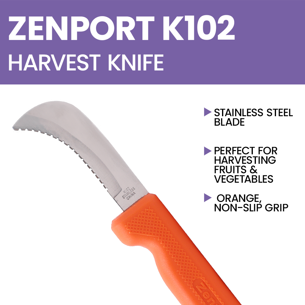 Zenport K102 Harvest Utility Knife - Curved, Serrated, 3 Inch Stainless Steel Blade, Orange