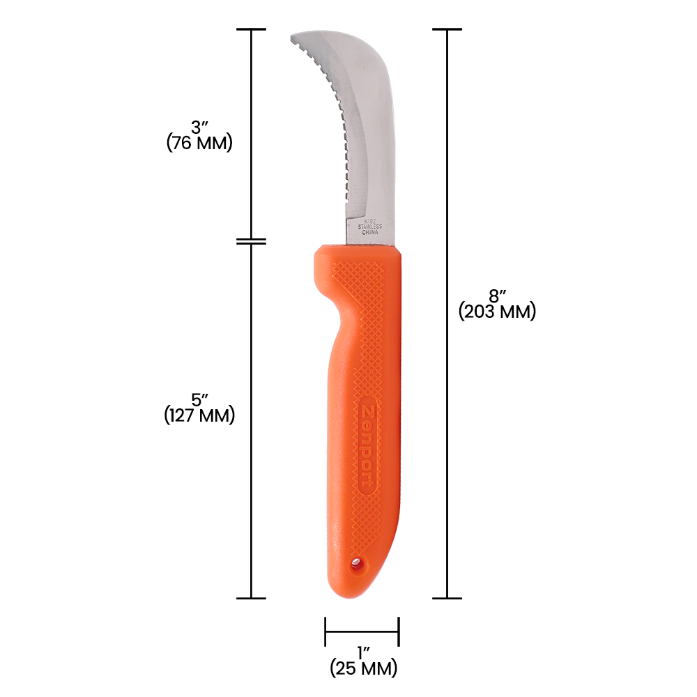 Zenport K102 Harvest Utility Knife - Curved, Serrated, 3 Inch Stainless Steel Blade, Orange