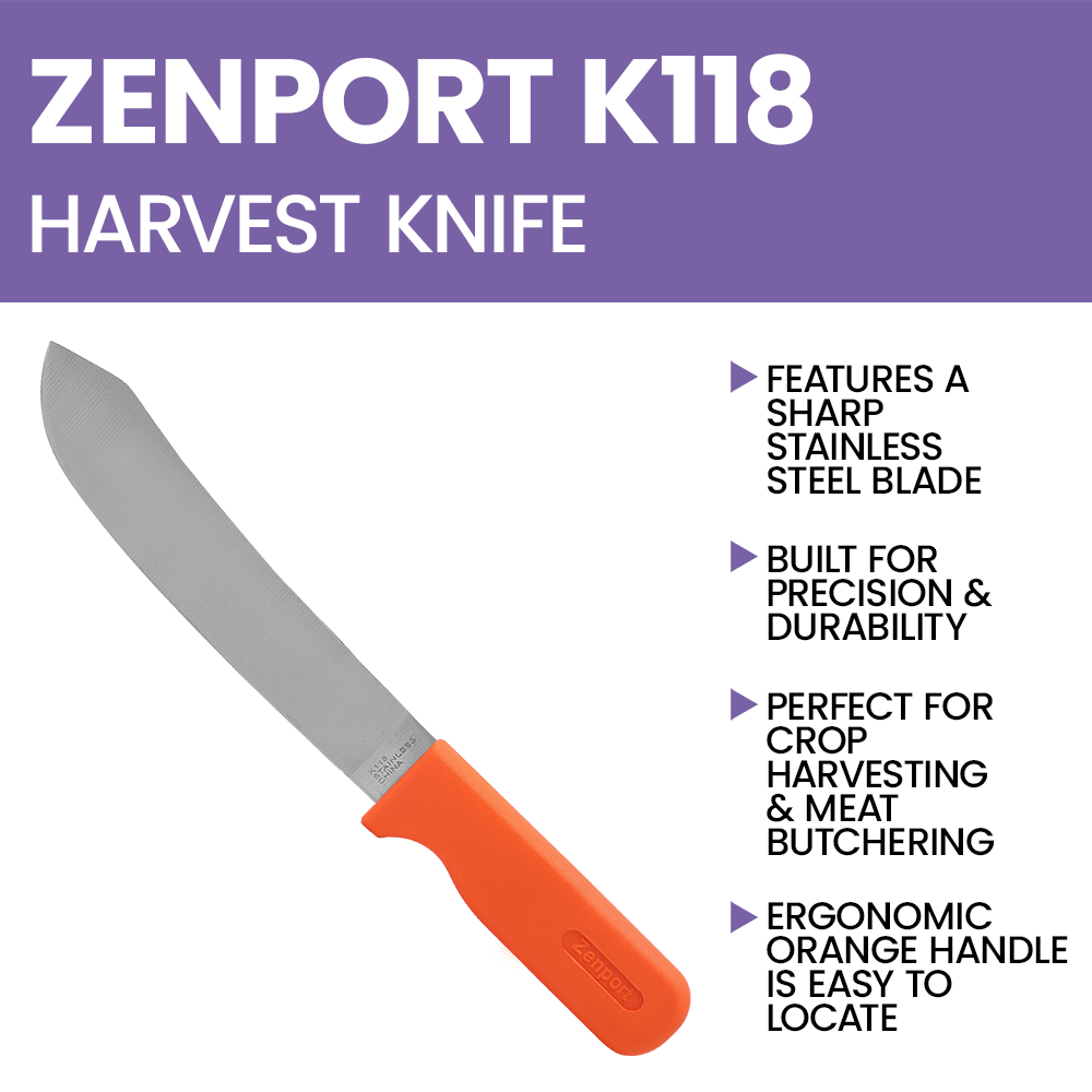 Zenport K118 Butcher Style Crop Harvest Knife, 7.75 Inch Stainless Steel Blade, Orange