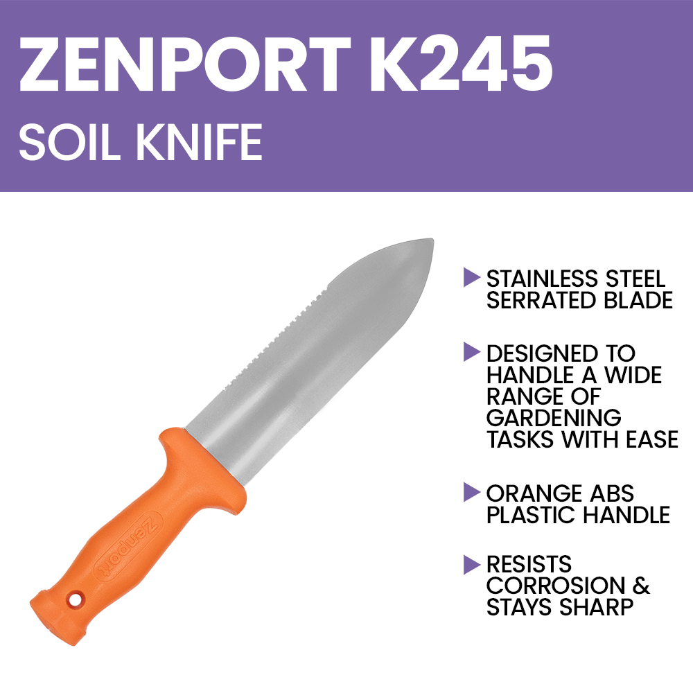 Zenport K245 ZenBori Soil Knife, Serrated, 6 Inch Stainless Steel Blades, Orange