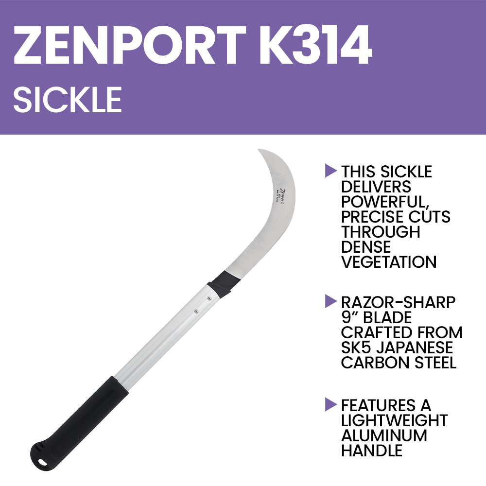 Hoz de cosecha Zenport K314 para zurdos, hoja de acero al carbono de 9 pulgadas, color negro