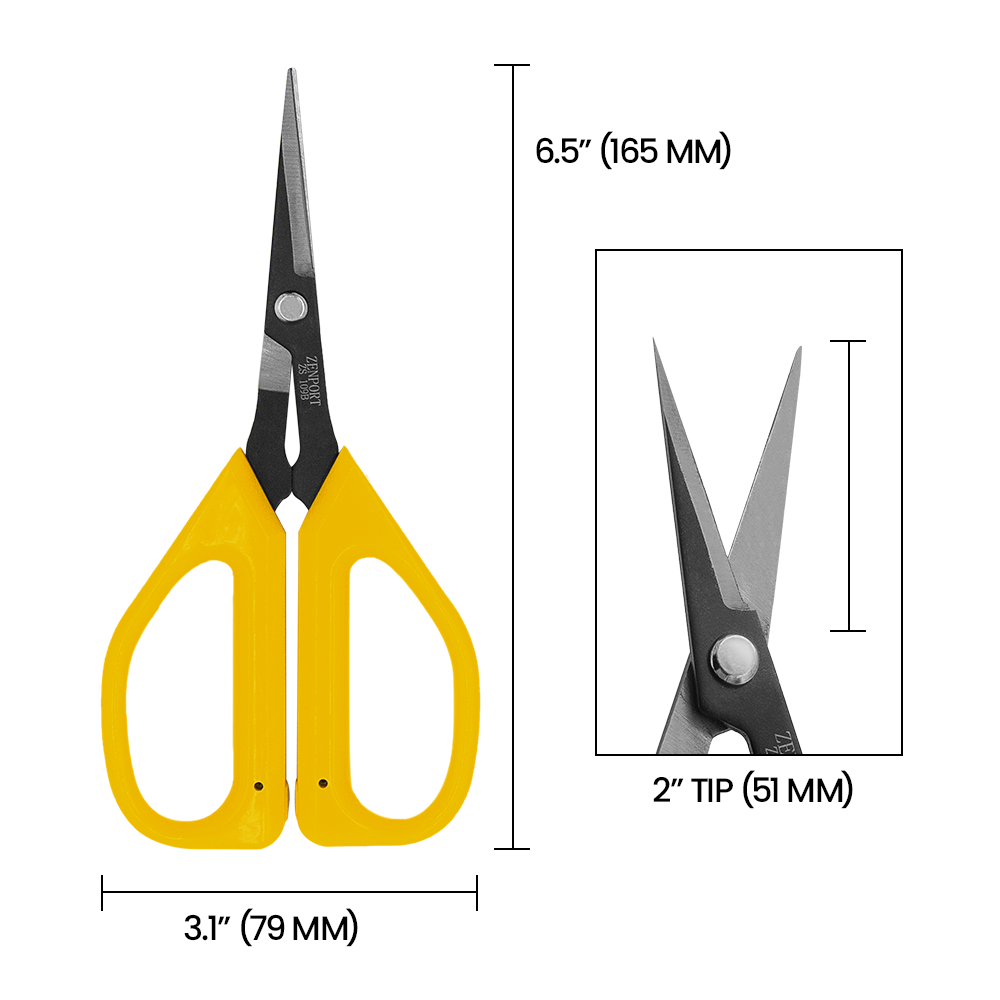 Zenport ZS109B Deluxe Bent Handle Bud Trimming Scissors, 6.5-Inch, 1.4 Inch Carbon Steel Blades, Yellow